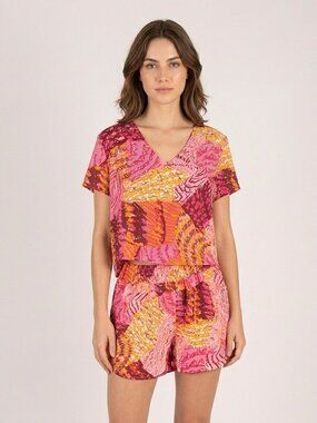 Abstract Print 2 Piece Set V Neck Top and Shorts